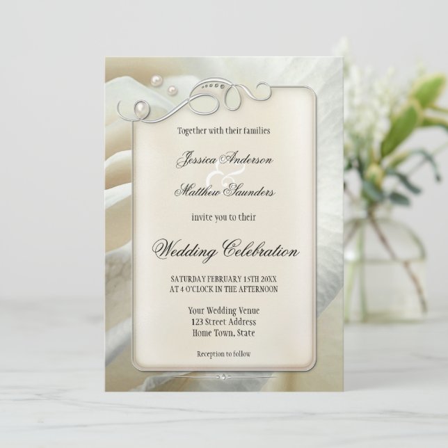 Chic Artistic Silver Ivory Rose Wedding Invitation (Standing Front)