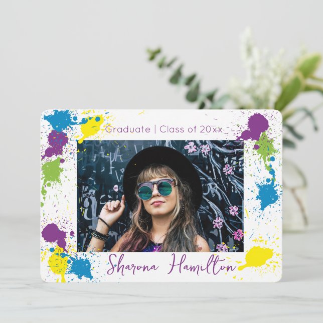 Chic Artistic Spatter-Paint Grad Photo Invitation (Standing Front)