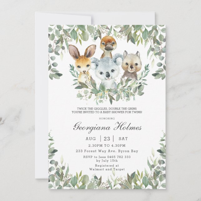 Chic Australian Animals Greenery Twins Baby Shower Invitation (Front)