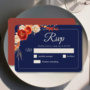 Chic Autumn Floral Orange Terracotta navy Wedding RSVP Card