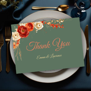 Chic Autumn Floral Orange terracotta sage Wedding Thank You Card