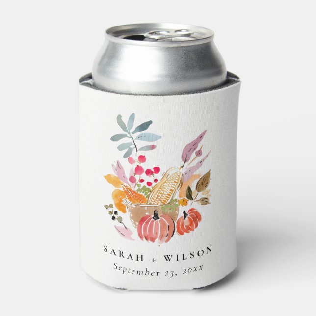 Chic Autumn Harvest Pumpkin Watercolor Wedding Can Cooler (Can Front)