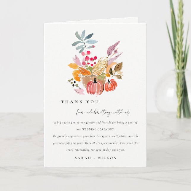 Chic Autumn Harvest Pumpkin Watercolor Wedding Thank You Card (Front)