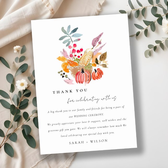 Chic Autumn Harvest Pumpkin Watercolor Wedding Thank You Card (Creator Uploaded)