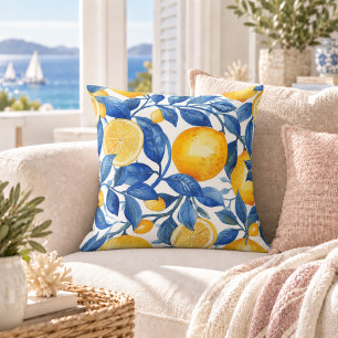 Chic Azulejo Lemons Blue Leaves Cushion