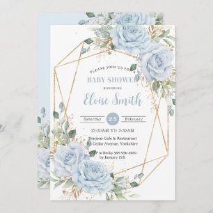 Chic Baby Blue Floral Boy Baby Shower QR Code  Invitation