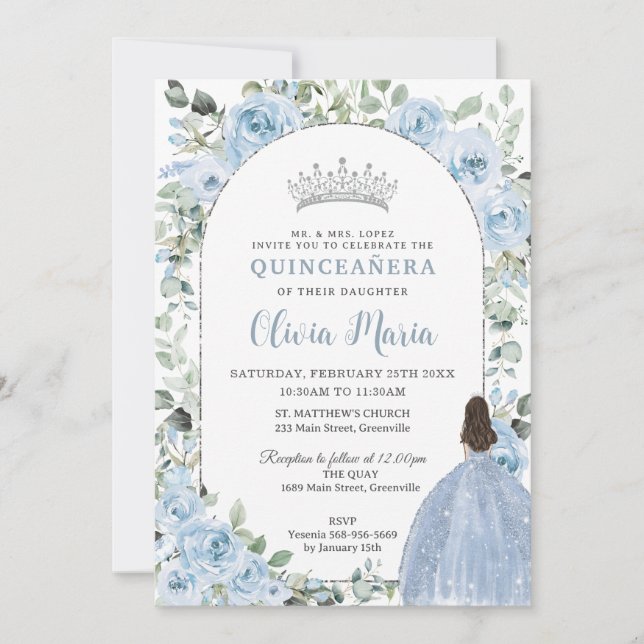 Chic Baby Blue Floral Princess Quinceañera Silver Invitation (Front)