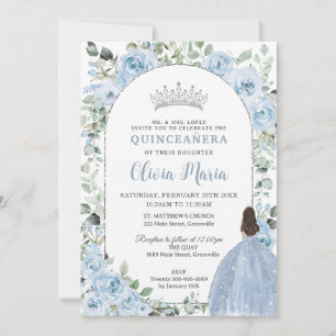 Chic Baby Blue Floral Princess Quinceañera Silver Invitation
