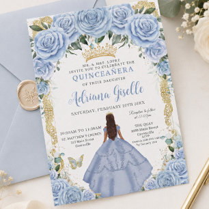 Chic Baby Blue Flowers Brown Princess Quinceañera Invitation