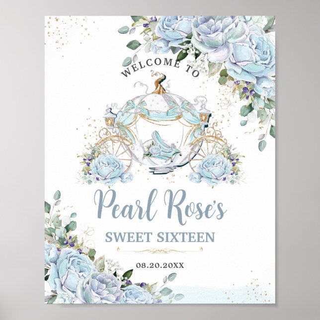 Chic Baby Blue Roses Princess Carriage Sweet 16 Poster (Front)