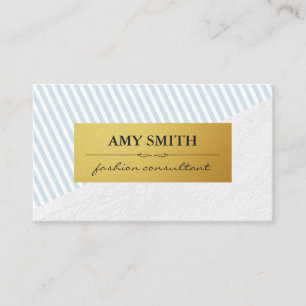 Chic Baby Blue White Stripes Faux Metallic Gold Business Card