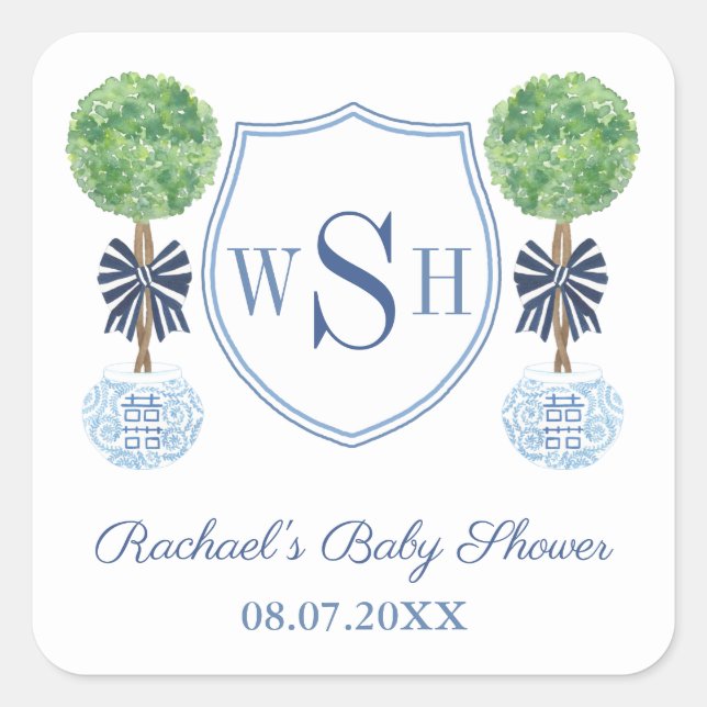 Chic Baby Boy Monogram Boxwood Baby Shower Favour Square Sticker (Front)