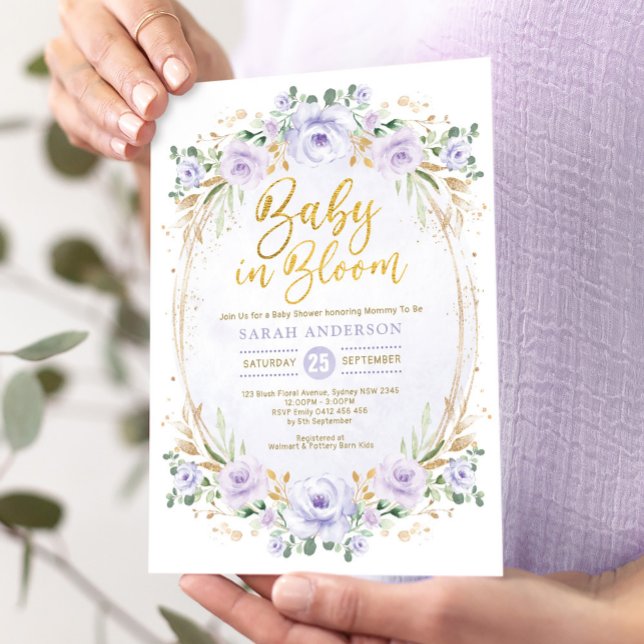 Chic Baby in Bloom Purple Gold Floral Girl Shower Invitation (Creator Uploaded)