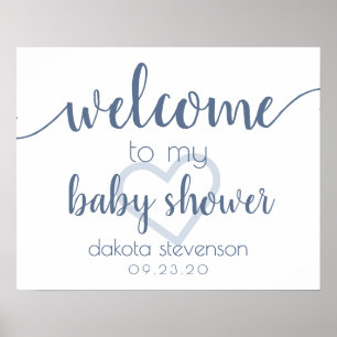 Chic Baby Shower   Dusty Blue Heart Welcome Sign
