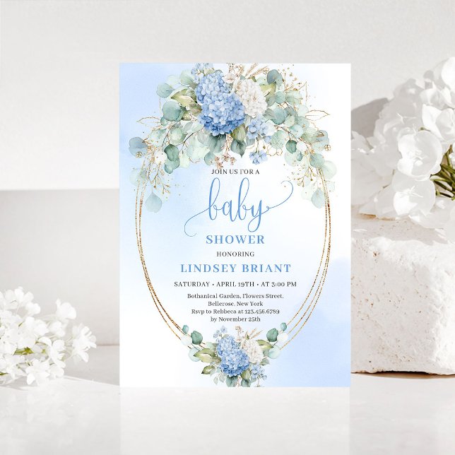 Chic Baby Shower Invitation Blue Hydrangeas Gold (Chic Baby Shower Invitation Blue Hydrangeas Gold)