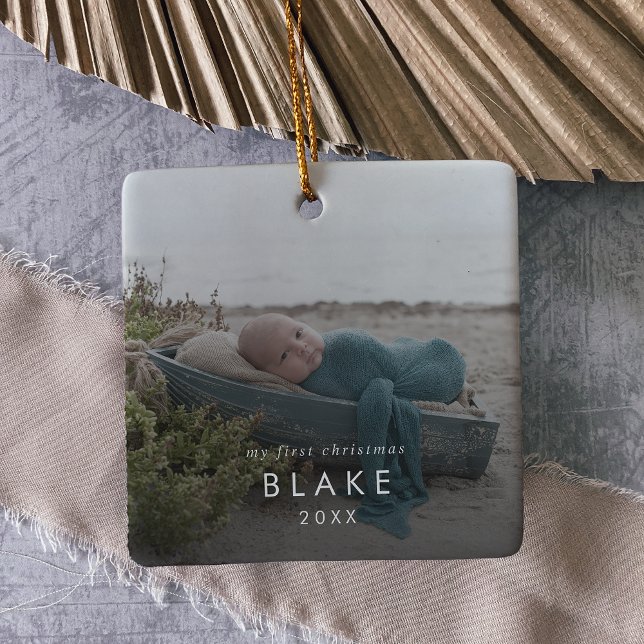 Chic Baby's First Christmas Newborn Photo Overlay Ceramic Ornament (Creator Uploaded)