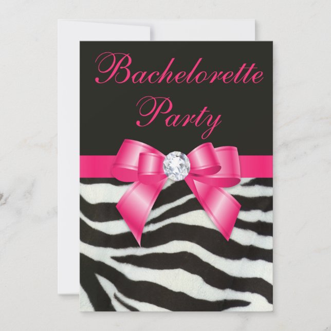 Chic Bachelorette Party Zebra Stripes Hot Pink Bow Invitation (Front)