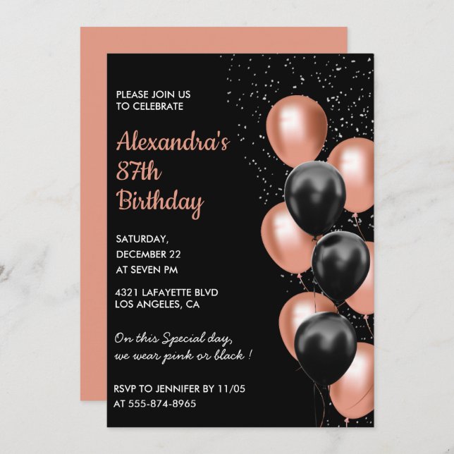Chic Balloon 87th birthday invitation  (Front/Back)