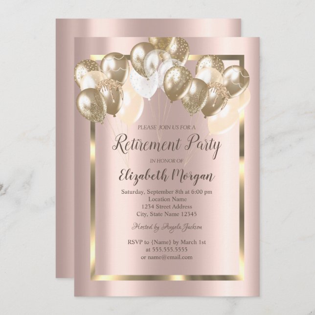 Chic Balloons,Frame,Rose Gold,Retirement  Invitation (Front/Back)