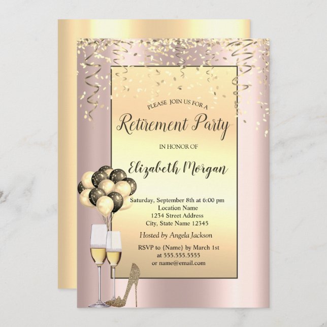 Chic Balloons,Gold Confetti Rose Gold Retirement  Invitation (Front/Back)