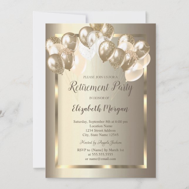 Chic Balloons,Gold Frame,Champagne Retirement  Invitation (Front)