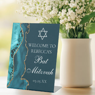 Chic Bat Mitzvah Party Welcome Teal Gold Pedestal Sign
