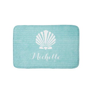 Chic Beach Girly Aqua Scallop Shell With Name Bath Mat