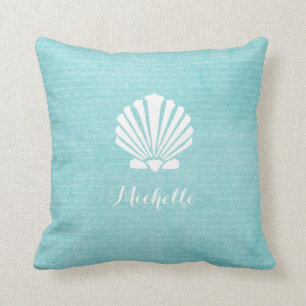 Chic Beach Girly Aqua Scallop Shell With Name Cushion