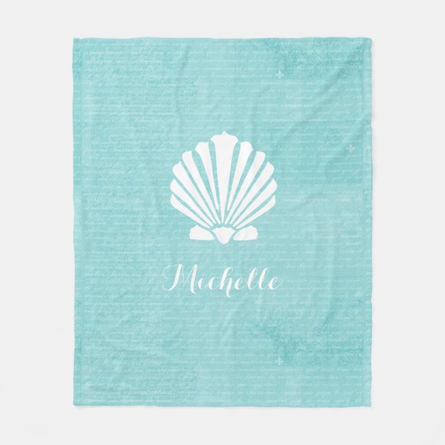 Chic Beach Girly Aqua Scallop Shell With Name Fleece Blanket (Front)