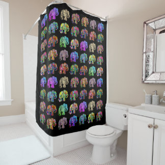 Chic Beautiful Rainbow Colored Elephants on Black Shower Curtain