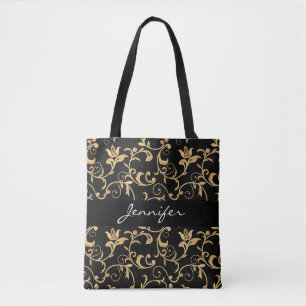 Chic Beautiful Royal Black and Gold Damask Tote Bag