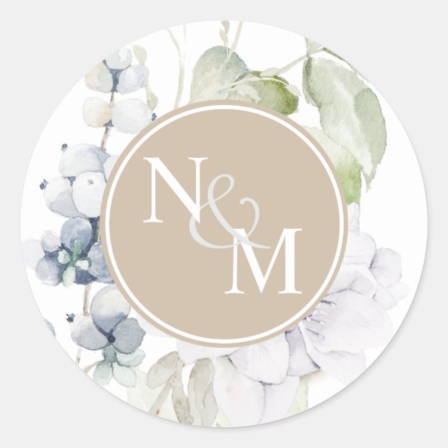 Chic Beige and White Floral Monogram Envelope Seal (Front)