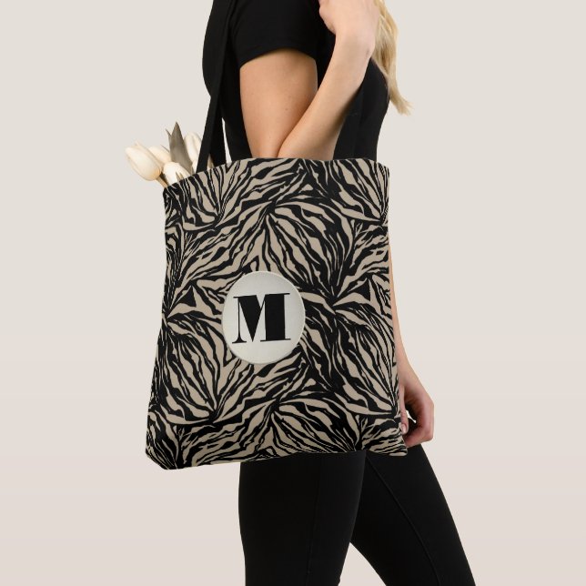 Chic Beige Animal Print Monogram Tote Bag (Close Up)