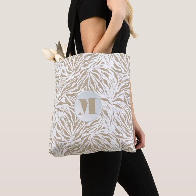 Chic Beige Animal Print Monogram Tote Bag (Close Up)