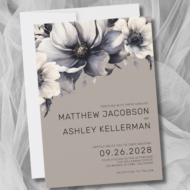 Chic Beige Boho Black White Neutral Floral Wedding Invitation (Chic Neutral Boho Black White Beige Floral Wedding Invitation)
