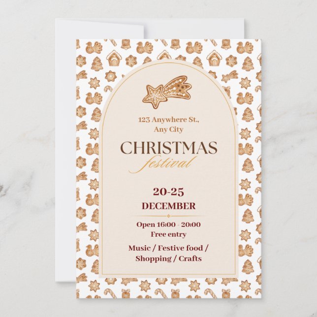 Chic Beige, Brown, Illustrated Gingerbread  Invitation (Front)