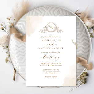 Chic Beige Cream Watercolor Stain Monogram Wedding Invitation