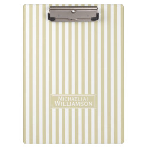 Chic Beige Ecru White Striped: Trendy Personalized Clipboard
