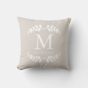 Chic Beige Floral Frame Monogram Cushion