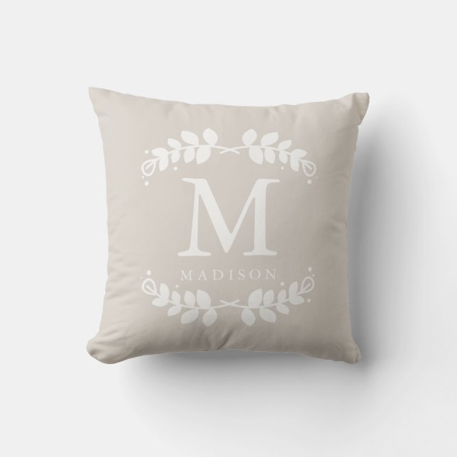 Chic Beige Floral Frame Monogram Cushion (Front)
