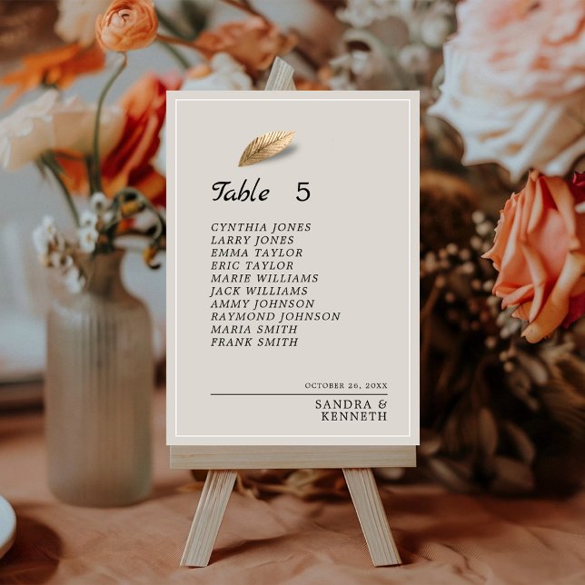 Chic Beige & Gold Leaf Table Number Seating Chart (Creator Uploaded)