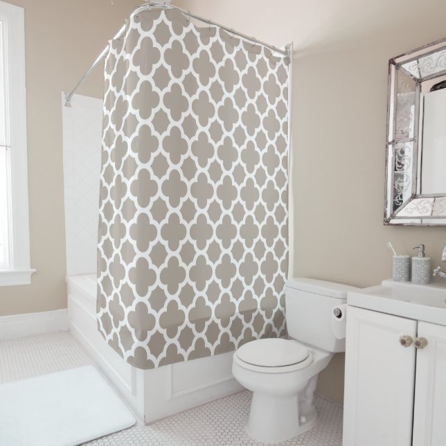 Chic Beige Grey Retro Cute Trellis Pattern Shower Curtain (In Situ)
