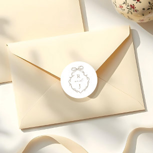 Chic Beige Hand Drawn Bow & Ribbon Monogram Crest Classic Round Sticker