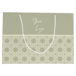Chic Beige Sage Green Stripe Custom Business Logo  Large Gift Bag