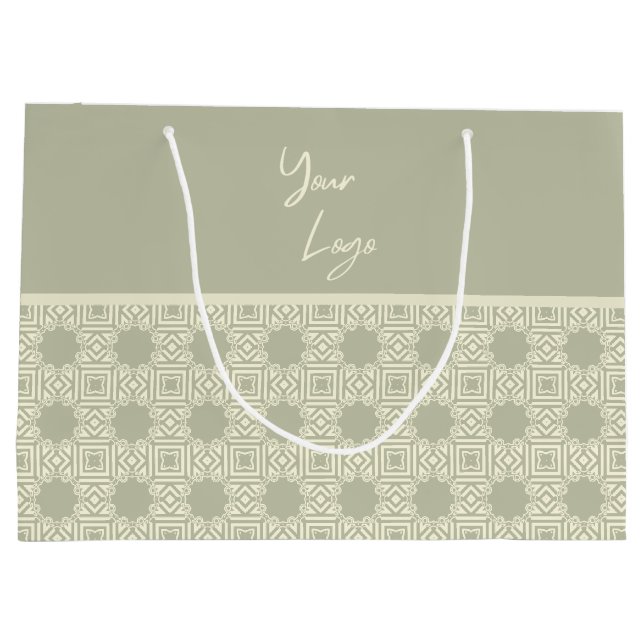 Chic Beige Sage Green Stripe Custom Business Logo  Large Gift Bag (Back)