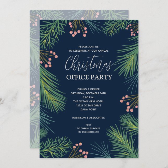 Chic Berries and Pines Christmas Party Invitations (Front/Back)