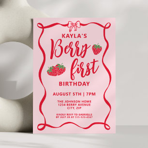 Chic Berry First Birthday Red Bow Strawberry Invitation