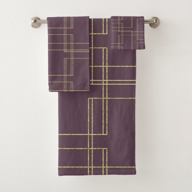 Chic Berry Mauve & Gold Geometric Glam Bath Towel Set (Insitu)