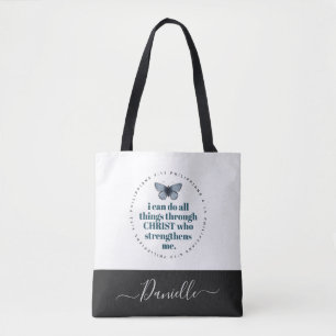 Chic Bible Verse Philippians Blue Butterfly Name Tote Bag