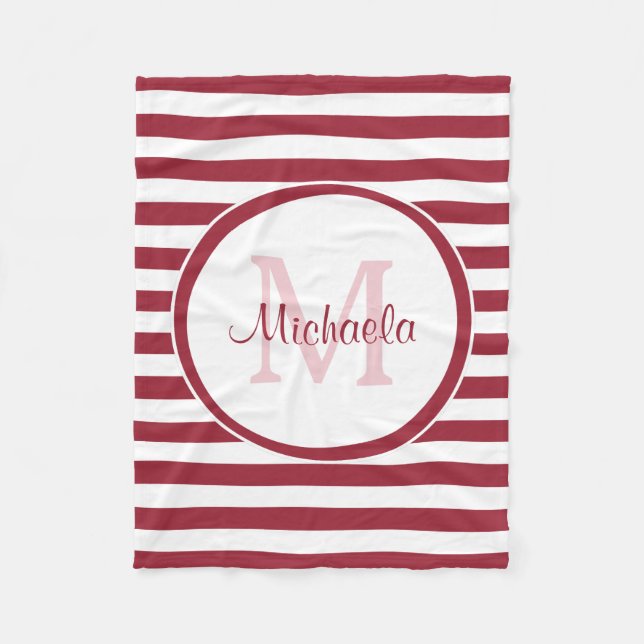 Chic Big Stripes Monogrammed Name in Red and White Fleece Blanket (Front)